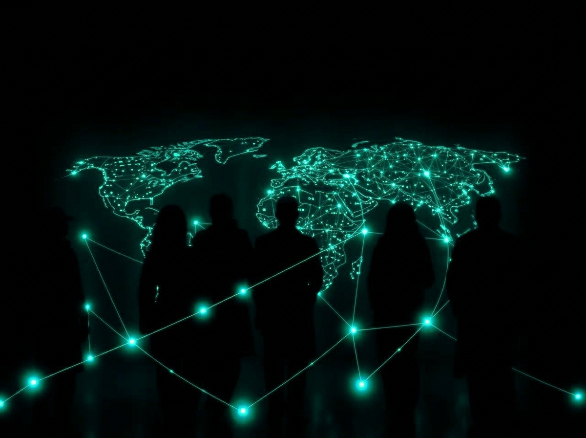 Diverse silhouettes connected across a glowing world map